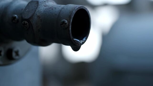 Close-up of Water Droplet Dripping from Industrial Pipe Fitting