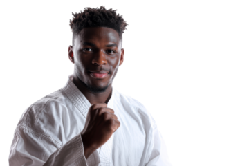 Martial artist man in karate uniform showing fist gesture with confidence isolated on background
