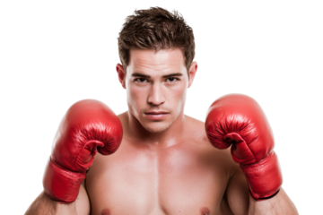 Male boxer with red gloves in fighting stance isolated on background