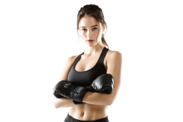 Confident young woman athlete in black boxing gloves isolated on background