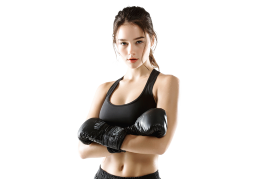 Confident young woman athlete in black boxing gloves isolated on background