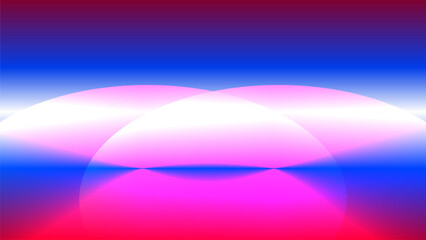 A modern abstract image featuring two bright white/pink overlapping semicircles that create a glowing horizon effect, set against a saturated gradient of deep red, fuchsia, and electric blue.