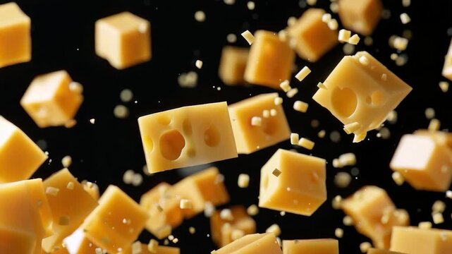 Video clip Pieces of cheese fall from above, creating a whimsical scene