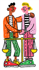 Illustration of Two People Holding Hands Behind a Vintage Scale — Vibrant, Symbolic Artwork Representing Equality, Balance, Harmony, and Unity Through Colorful, Patterned Clothing in 9:16 Aspect Ratio