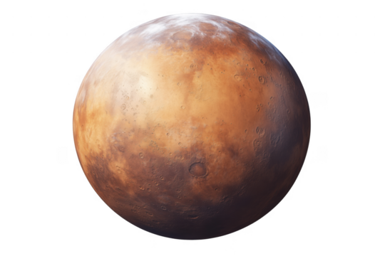 Red planet with craters and ice isolated on a transparent background