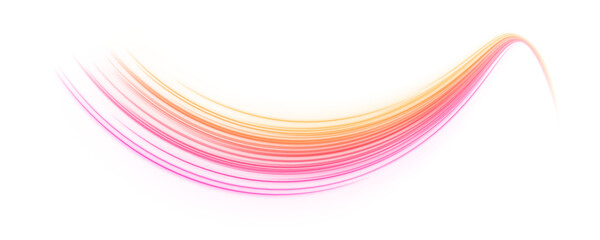 Curved bright speed line swirls. Light trail wave, fire path trace line, car lights, optic fiber and incandescence curve twirl. Abstract neon rays of light on a transparent background in PNG format.  © Strongstock03