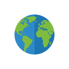 Simple flat design illustration of the planet Earth globe. A world icon symbolizing global travel, international communication, and environmental awareness