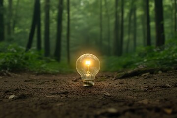 Light bulb glowing in serene forest surrounded by tall trees and greenery