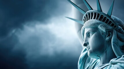 Statue of Liberty stands tall against a dramatic sky in New York at dusk, showcasing iconic features and historical importance