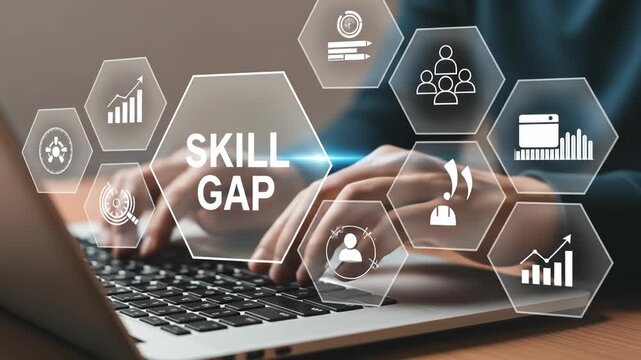Bridging the Skill Gap: Hands Typing on Laptop with Skill Icons Illustrating Training, Education, and Workforce Development
