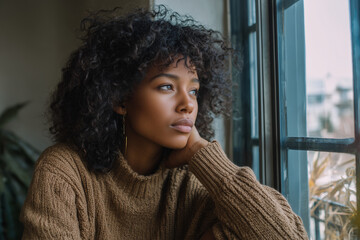 A Moment of Reflection: A thoughtful young woman gazes out a window, her eyes reflecting introspection and a sense of calm. A perfect depiction of contemplation and internal peace.