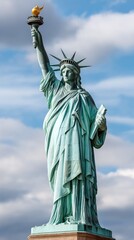 Fototapeta premium Statue of Liberty stands tall against a blue sky with clouds in New York City, symbolizing freedom and hope for visitors