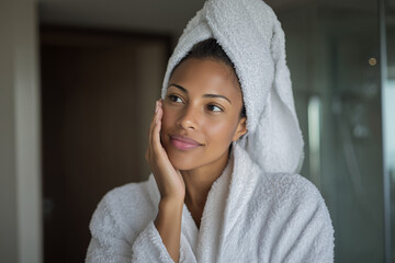 Obraz premium Radiant Wellness Reflection: A serene individual, enveloped in a cozy bathrobe and a plush towel, delicately touches their face, a picture of tranquility and self-care.