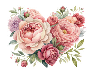 Romantic Peony and Rose Watercolor Combo Illustration isolated on white background