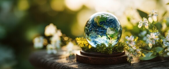 The Earth globe nestled on mossy wood with blooming white flowers in sunlight