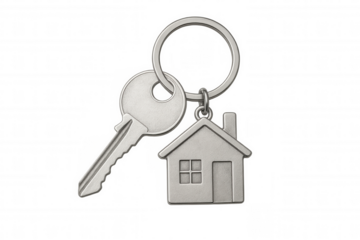 Key with house shape keychain symbolizing real estate, new home purchase, property ownership, and rental concepts