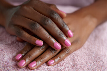 Naklejka premium Embracing Elegance: Two hands, polished to perfection with vibrant pink nail polish, are gracefully clasped together, showcasing a refined sense of beauty and meticulous self-care.