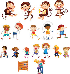 Cartoon Kids and Monkeys Playing  Fun Children Illustration Set