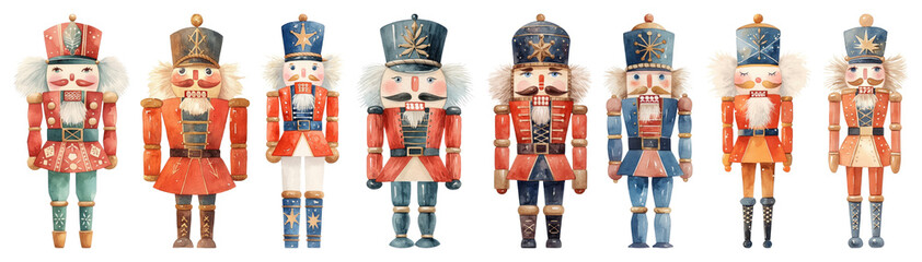 PNG Colorful wooden nutcracker soldiers lineup, element set on transparent background