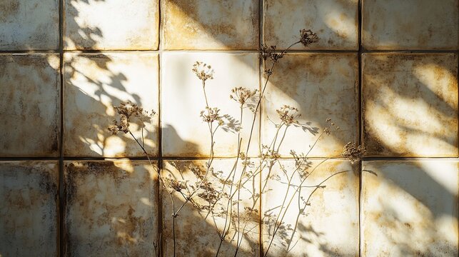 Editorial photography for Architectural Digest of a wall made out of tiles with dry flowers reliefs. Warm sun light, hard shadows. - Powered by Adobe