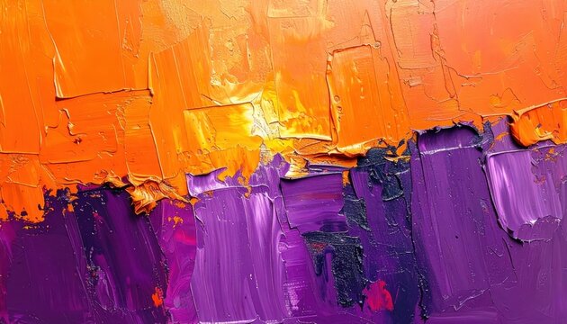 Vivid abstract artwork showcases a captivating blend of orange and purple hues, creating a textured visual experience with thick brushstrokes and impasto technique, conveying a sense of modern... - Powered by Adobe