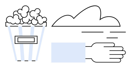 Popcorn bucket and gentle hand gesture beside a calm cloudscape. Ideal for leisure, relaxation, cinema, mindfulness, outdoor activities, minimalism, simple flat metaphor