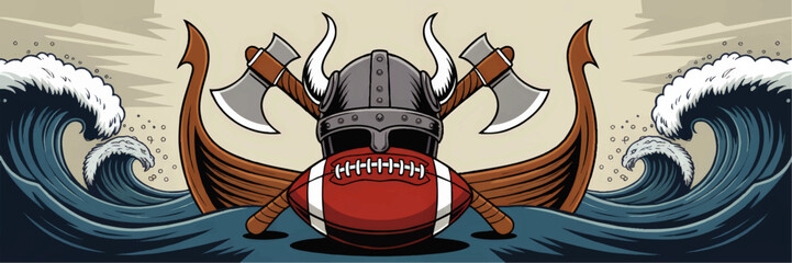 Viking Football Helmet with Horns and Axes on Longship in Ocean Waves – Bold Sports Mascot Vector Illustration