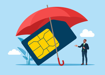 Mobile sim card, microcircuit under umbrella. Vector flat illustration