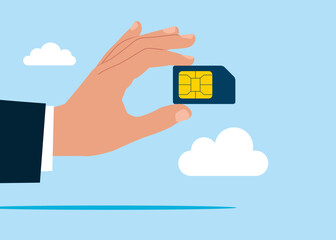 Hand hold mobile sim card, mobile phone communication scheme. Microcircuit. Flat vector illustration