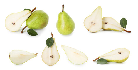 Fresh green pears isolated on white, set. Whole and sliced