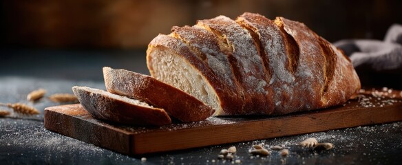 The Sliced Rustic Artisan Bread on Wooden Cutting Board with Flour and Crumbs