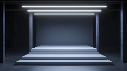 Obraz premium Minimalist Gray Interior with Staircase, Concrete Columns, and Neon Lighting