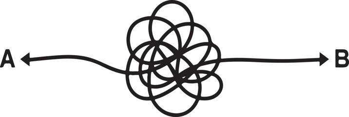 Black ink drawing of a tangled line connecting two points abstract arrow