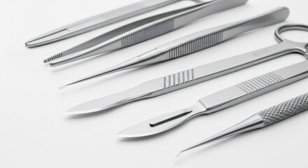 Set of stainless steel surgical instruments on a white background. Close-up of medical tools including forceps, scalpels, and scissors for a sterile procedure. Healthcare and medicine concept