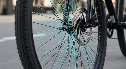 Close-up of a bicycle wheel with disc brakes on asphalt.