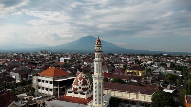 Aerial orbit of the Islamic architecture mosque in Malang, Indonesia