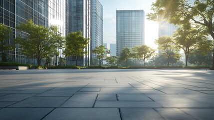 Fototapeta premium Modern Cityscape with Paved Plaza, Office Buildings, and Trees in Sunlit Urban Landscape