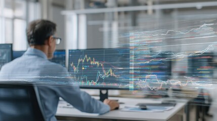 Medium shot of analyst reviewing dynamic charts on transparent screen highlighting efficiency insights in logistics data analytics with blurred office background.