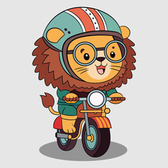 Funny cute cartoon lion character in helmet with glasses riding motorbike vector illustration