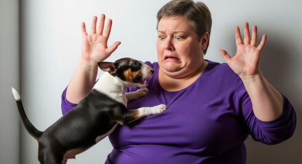A scared woman makes a funny shocked face as a bull terrier puppy playfully bites her. Humorous interaction between a pet owner and an energetic dog. Pet behavior problems concept