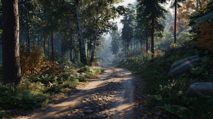 Fototapeta premium Golden days of fall: embracing the warmth of autumn colors. Everyday life. Misty autumn forest revealed: paths, light, and cascading leaves. Feature story. Real vibe.