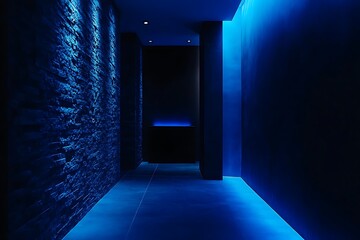 Modern Interior with Blue LED Lighting, Walls, Hallway, and Tiles on the Floor
