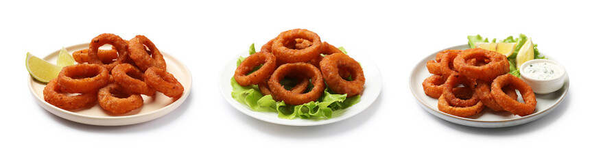 Yummy fried squid rings on white background, set
