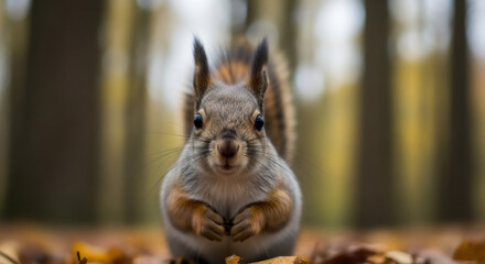 A curious squirrel in an autumn forest. Close-up wildlife portrait of a small rodent on the ground with fall leaves. Animal looking directly at the camera