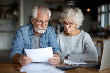 Financial Concern: An elderly couple analyzes financial documents at a table. Expressing concern and responsibility.