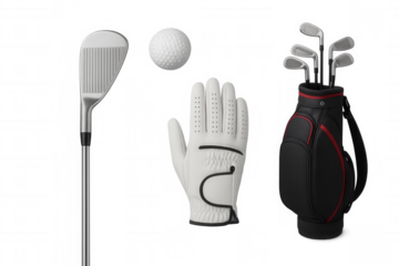 Golf equipment set including club, ball, glove, and bag for various golf sports activities, transparent background