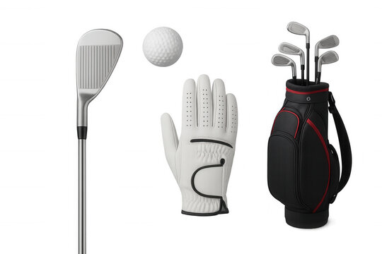 Golf equipment set including club, ball, glove, and bag for various golf sports activities, transparent background - Powered by Adobe