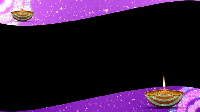 Beautiful decoration for diwali holiday. Purple fluid shape border with bright particles and diya clay on black background