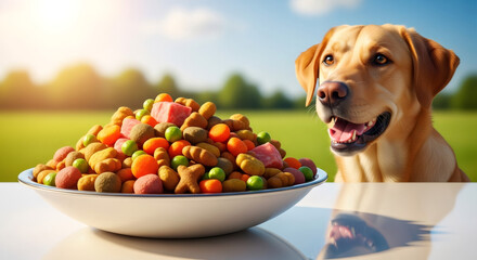 A happy Labrador dog looking at a bowl of colorful dry kibble. Healthy pet food with natural ingredients for canine nutrition. Outdoor scene with copy space
