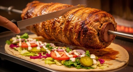 Chef slicing roasted chicken shawarma from a horizontal rotisserie spit. Preparing a fresh doner kebab sandwich with vegetables. Middle Eastern street food concept.